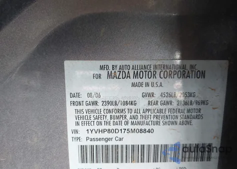 2007 Mazda Mazda6 S Sport Ve из США, поврежденный, VIN 1YVHP80D175M08840